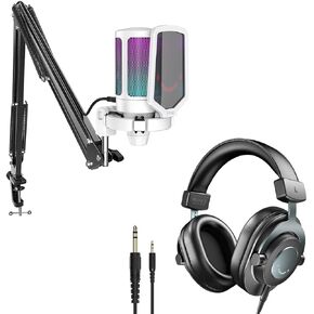 FIFINE PC RGB Microphone Kit, 3.5mm/6.35mm Over-Ear Headphones, Computer Microphone Bundle with Pop Filter, Shock Mount, Studio Monitor Wired Comfortable Equipment with Detachable Cables (A6TW+H8)
