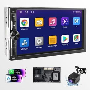 7inch Car Stereo Double Din Wireless Carplay & Android Auto, 1080P AHD Backup Camera, 2G+32G DSP Touchscreen Radio with Bluetooth, FM/AM/RDS, 4-Core CPU, Split Screen, APK Download