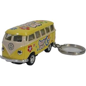 KiNSMART Yellow Classic 1962 Love & Peace Volkswagen (Hippie) Bus Keychain 1/64 Pastel Color Diecast Car