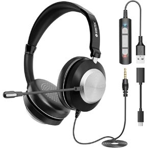 USB Headset with Mic for PC Laptop,USB-C Wired On Ear Computer Headphones with Noise Cancelling Microphone,in-line Control for Office Work,Call Center,Video Meeting（Grey）