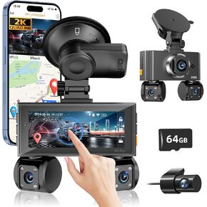 4 Channel Dash Cam Front and Rear, 360°Dash Camera for Car FHD 2K+3x1080P Touch Screen, 8 IR Night Vision, 5G WiFi, APP Control, G-Sensor, Loop Recording, Built-in GPS with 64GB Car, 24H Parking Mode