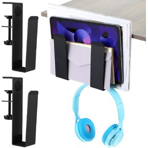 2 Pack Adjustable Desk Side Laptop Holder, Heavy-Duty Metal Desk Side Storage, Hanging Organizer with Tool-Free Clamp (6.97"x1.77", Black)