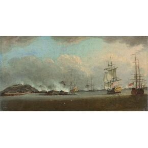 ArtDirect Artist: Dominic Serres Framed Art Print Title: The Attack on the Island of Goree ، قبالة ساحل السنغال ، في 29 ديسمبر 1758 تحت قيادة كومودور أوغستوس كيبل