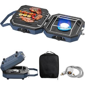 2 Burner Folding Camping Stove, Portable Propane Camp Stove with Total Griddle Grates and Carrying Bag, 16,000 BTU, Two Adjustable Burners & Piezo Ignition for Camping, Outdoor Cooking BBQ Tailgating