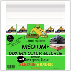 Medium+ Box Set Outer Plastic Sleeves (x25) 1.6mil Resealable Clear Polypropylene for 33rpm LP Vinyl Record Album Boxset Best Protects 7/8"- 1-1/16" Boxes (+1 Free Dj Sticker)