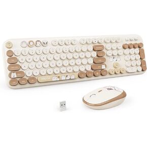 Wireless Keyboard and Mouse Combo, Retro Typewriter Keyboard with Round Keycaps, 104 Key Full-Size Ergonomic Kyeboard for Windows PC, Home, Office, and School (Milk Tea)