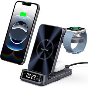 الشاحن اللاسلكي لـ Fitbit بالعكس 4/3/SENSE 2/1/ACE LTE ، محطة شحن لـ iPhone 16/15/14/13 ، لـ Samsung S25/S24/S23 ، 3-in-1 Charger Stand for Airpods/Galaxy Buds ، Swanscout 708fb (بدون altapter)