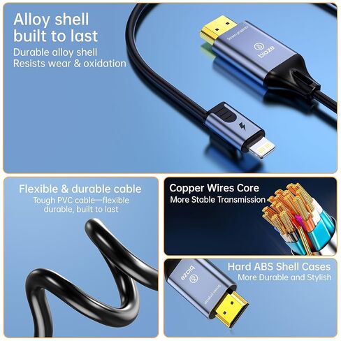 Lightning to HDMI Cable [6ft] 1080P HD Screen Mirroring Adapter with Charging Port - PVC Coated - Compatible with iPhone 14/13/12 Series, iPad Pro/Air/Mini, TV/Monitor (Lightning to HDMI) in Kuwait