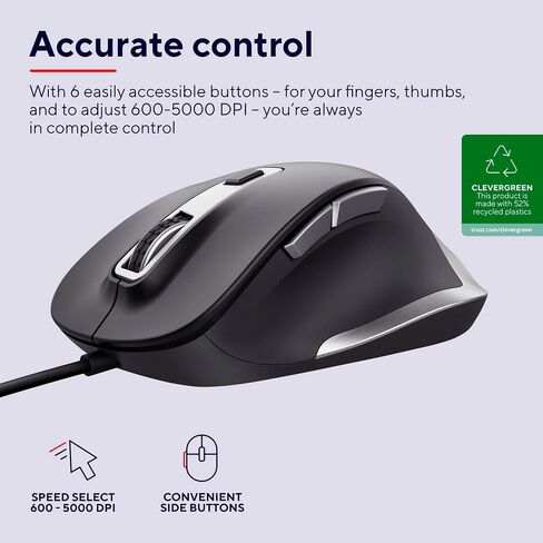 الثقة فأر فايدا USB Computer Mouse مصنوعة من مواد معاد تدويرها ، 600-5000 نقطة في البوصة ، 6 أزرار ، راحة الإبهام ، فأر مريح الراحة السلكية للكمبيوتر المحمول ، الكمبيوتر الشخصي ، MAC ، العمل ، المكتب المنزلي - الأسود in Kuwait