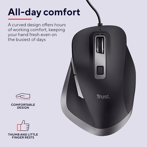 الثقة فأر فايدا USB Computer Mouse مصنوعة من مواد معاد تدويرها ، 600-5000 نقطة في البوصة ، 6 أزرار ، راحة الإبهام ، فأر مريح الراحة السلكية للكمبيوتر المحمول ، الكمبيوتر الشخصي ، MAC ، العمل ، المكتب المنزلي - الأسود in Kuwait