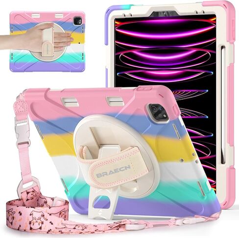BRAECNstock Kids Case for Apple iPad Air 13 inch (M3/ M2)/ Pro 12.9 inch 6th/5th/4th/3rd Geneation, Shockproof Protective Case with Pencil Holder, [360° Rotating Hand Strap + Stand], Colorful Pink in Kuwait