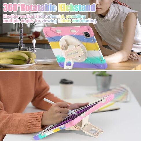 BRAECNstock Kids Case for Apple iPad Air 13 inch (M3/ M2)/ Pro 12.9 inch 6th/5th/4th/3rd Geneation, Shockproof Protective Case with Pencil Holder, [360° Rotating Hand Strap + Stand], Colorful Pink in Kuwait