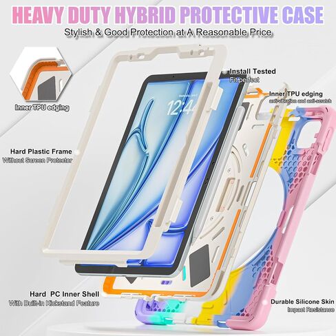 BRAECNstock Kids Case for Apple iPad Air 13 inch (M3/ M2)/ Pro 12.9 inch 6th/5th/4th/3rd Geneation, Shockproof Protective Case with Pencil Holder, [360° Rotating Hand Strap + Stand], Colorful Pink in Kuwait