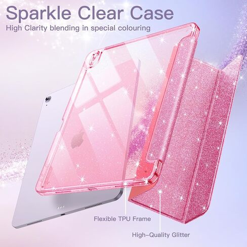 Jetech Glitter Case لـ iPad Air 11 بوصة M3/M2 (2025/2024) ، iPad Air 5/4 (2022/2020 5th/4th) مع حامل القلم الرصاص ، غطاء نحيف لطيف لطيف للأطفال والفتيات ، قذيفة خلفية لامعة (وردي) in Kuwait