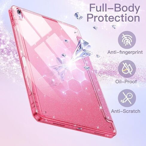 Jetech Glitter Case لـ iPad Air 11 بوصة M3/M2 (2025/2024) ، iPad Air 5/4 (2022/2020 5th/4th) مع حامل القلم الرصاص ، غطاء نحيف لطيف لطيف للأطفال والفتيات ، قذيفة خلفية لامعة (وردي) in Kuwait