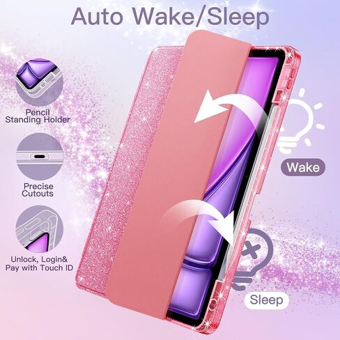Jetech Glitter Case لـ iPad Air 11 بوصة M3/M2 (2025/2024) ، iPad Air 5/4 (2022/2020 5th/4th) مع حامل القلم الرصاص ، غطاء نحيف لطيف لطيف للأطفال والفتيات ، قذيفة خلفية لامعة (وردي) in Kuwait