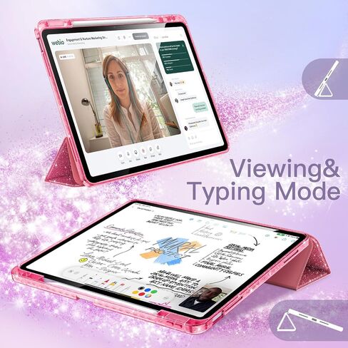 Jetech Glitter Case لـ iPad Air 11 بوصة M3/M2 (2025/2024) ، iPad Air 5/4 (2022/2020 5th/4th) مع حامل القلم الرصاص ، غطاء نحيف لطيف لطيف للأطفال والفتيات ، قذيفة خلفية لامعة (وردي) in Kuwait