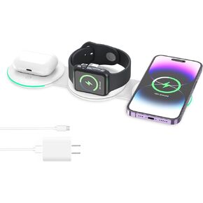Criacr 3 in 1 Magnetic Wireless Charger for Travel, Foldable Wireless Charging Pad Compatible with iPhone 15/14/13/12, Apple Watch, AirPods Pro (Adapter Included)