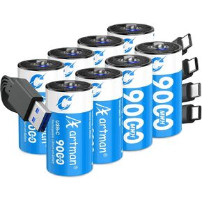 Artman Rechargeable Lithium C Batteries 8 Pack, 1.5V C Cell Batteries with 4 in 1 USB-C Charging Cable, 9000mWh High Capacity Size C Li-ion Battery for Floodlight Toys, Recharge up to 1200+ Cycles