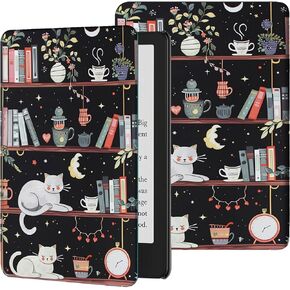 Case for 7" All-New Kindle Paperwhite (12th Generation, 2024) and Kindle Colorsoft Signature Edition Slim Lightweight PU Leather Stand Smart Cover with Auto Wake/Sleep, Cat Library Bookshelf