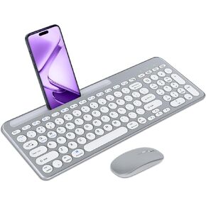 Wireless Keyboard and Mouse Combo, Bluetooth and 2.4G Wireless Keyboard with Phone Tablet Holder,Silent Mouse with Adjustable DPI, Compatible with iOS/MacOS/Windows/Android System-Silver