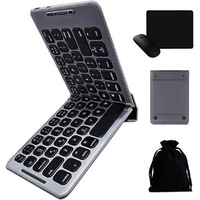 Portable Foldable Bluetooth Keyboard with Wireless Mouse – Mini Folding Wireless Keyboard Mouse Combo,Type-C Fast Charging, Compatible with iOS, Android, Windows, Mac