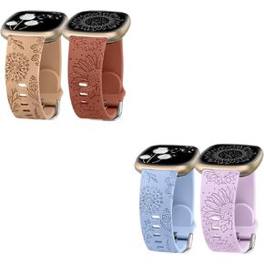 Minyee 4 Packs Floral Engraved Band Compatible with Fitbit Versa 4/Versa 3/Sense 2/Sense Band Women, Cute Silicone Dandelion Sunflower Design Soft Sport Fancy Summer Strap for Versa 4
