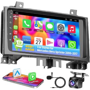 Android 13 Car Stereo for Mercedes-Benz Sprinter 2006-2017, 4G RAM+64G ROM, 9 Inch IPS Touch Screen Car Radio with Wireless Carplay/Android Auto,GPS, WiFi, Bluetooth 5.2, Support OBD2/DVR/DSP