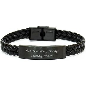 Inspirational Backpacking Is My Happy Place Interlaced Leather Wristband Gifts for Backpackers, Durable Stainless Steel and PU Leather, Perfect Father's Day Unique Gifts for Adventurers