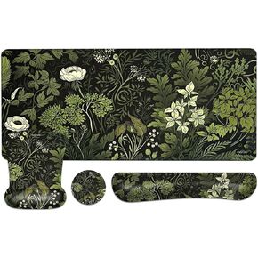 MOSISO Desk Pad Mat Keyboard Mouse Pad Set,Large Gaming Mouse Pad&Keyboard Wrist Rest&Mouse Pad with Wrist Rest&Coaster,Ergonomic Home Office Non-Slip Mousepad with Memory Foam, Green Floral Plants