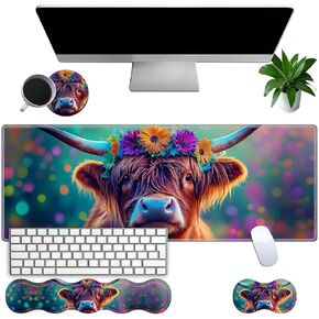Large Gaming Mouse Pad Set with Wrist Support – 31.5" x 11.8" 4-in-1 XXL Mousepad with Keyboard Wrist Rest, Mouse Wrist Rest & Coaster – Ergonomic Desk Mat for Office, Home – Highland Cow Flower