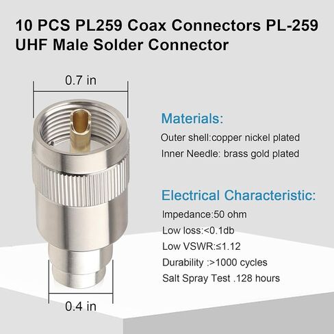 2 Pack PL259 Coax Connectors 50 Ohm PL-259 UHF Male Solder Connector Plug with Reducer for RG8X LMR400 RG59 RG8 RG213 LMR240 Coaxial Cable in Kuwait