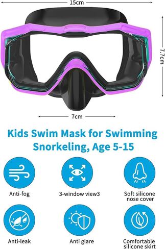 Bairuifu Kids Swim Goggles for Kids 4-16, Anti-Shattered Lens / Anti-Fog / 180° Panoramic View / Kids Swimming Goggles with Nose Cover in Saudi Arabia
