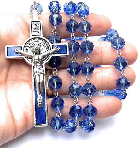 Made In Italy Blue Rosary blessed by Pope Francis Vatican Rome Holy Father for car rearview mirror rosario catolicos para hombre Crystal Glass Beads with Silver Toned Papal Cross Crucifix US ARMY soldiers veterans freedom in Saudi Arabia