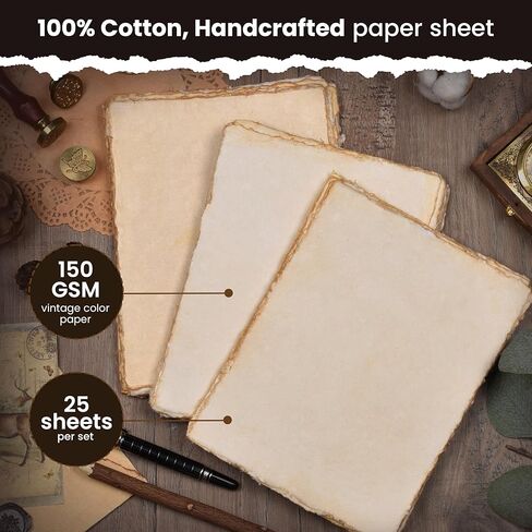 LEATHER VILLAGE Watercolor Paper- 6 X 4 inches - 25 Sheets Watercolor Paper for Drawing, Sketching, Wedding Cards & Crafts - 150 GSM Thick Deckle Edge Virgin Cotton Handmade Paper - Vintage in Kuwait