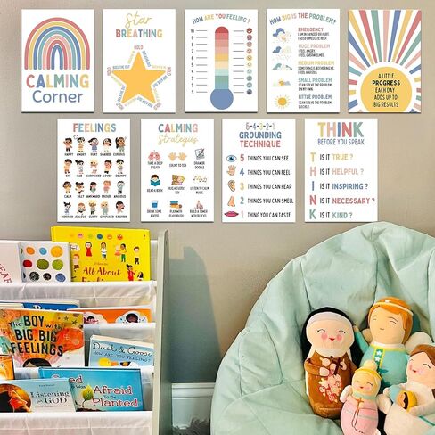 WINDVALE 9 Boho تهدئة لوازم الزاوية، ملصق مخطط المشاعر للأطفال، ركن تهدئة العلاج في الفصول الدراسية ديكور مكتب، ملصقات الصحة العقلية رياض الأطفال ما قبل المدرسة الفصول الدراسية يجب أن يمتلكها in Kuwait