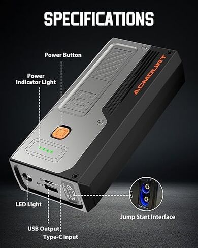 بطارية السيارة المحمولة، 1500 أمبير، بطارية السيارة الذروة لما يصل إلى 7 لتر من الغاز ومحركات الديزل 5.5 لتر، بطارية السيارة المحمولة 12 فولت مع 3 أوضاع إضاءة LED، شحن USB سريع in Kuwait