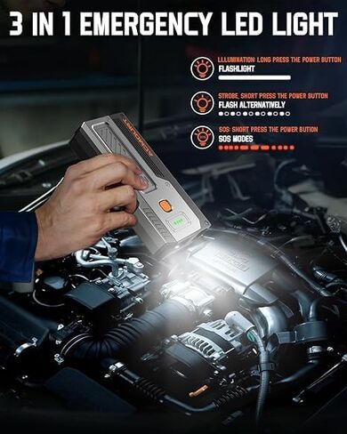 بطارية السيارة المحمولة، 1500 أمبير، بطارية السيارة الذروة لما يصل إلى 7 لتر من الغاز ومحركات الديزل 5.5 لتر، بطارية السيارة المحمولة 12 فولت مع 3 أوضاع إضاءة LED، شحن USB سريع in Kuwait