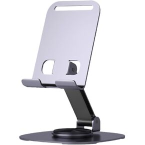 Dual Folding Cell Phone Stand 360° Rotation, Fully Adjustable Foldable Desktop Phone Holder Cradle Dock Compatible with Mobile Phones and Tablets Grey