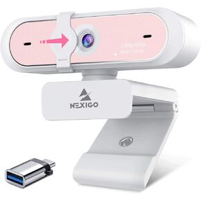 NexiGo 1080P 60FPS Webcam with USB C Adapter, AutoFocus USB Web Camera with Microphone, Privacy Cover, Thunderbolt 3 to USB 3.0 Adapter, for Zoom/Skype/Teams Online Teaching, Laptop MAC PC Desktop