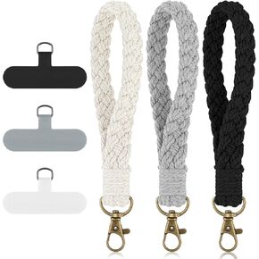 3pcs حزام معصم معصم بوهو هو الهواتف المحمولة Macrame الحبل مع علامة تبويب Tether مصنوعة يدويًا لسلسلة الهاتف المضادة للخسارة ، سحر معصم السلسلة المفتاحية للنساء للنساء (أسود ، أبيض ، رمادي)