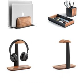 UPERGO Vertical Laptop Stand Holder, Wood Headphone Stand, Desk Organizer with Pen Holder