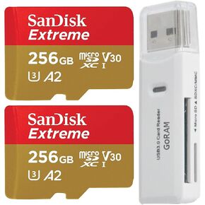 SanDisk 256GB (2 Pack) Extreme microSDXC 190MB/s UHS-I Memory Card SDSQXAV-256G-GN6MN Bundle with (1) GoRAM Card Reader (256GB, 2 Pack)