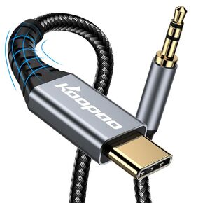 KOOPAO USB Type C to 3.5mm Audio Aux Cable [4ft], with DAC Decoding Protect Headphone Friendly Slim Plug USBC Aux Cord Compatible for iPhone 15 16 Pro Max Samsung Galaxy S25 S24 Car Stereo Grey