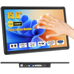 15.6" Touchscreen Monitor, HDR 1080P IPS 10-Point Touch Screen Monitor with HDMI VGA DVI, VESA & Speakers Touch Screen for PC, Laptop, RPi, POS, Industrial Medical Equipment