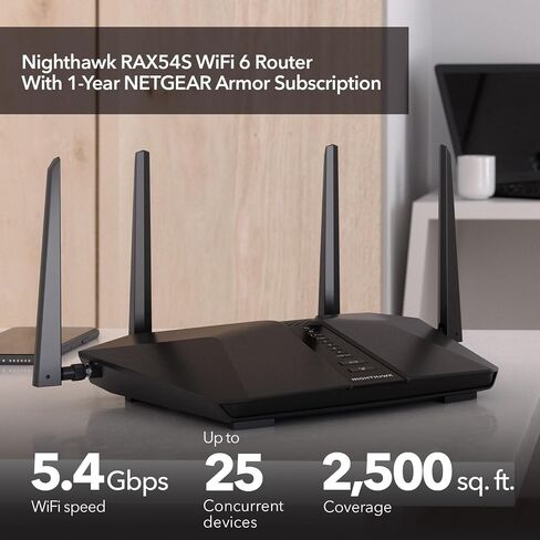 Netgear Nighthawk 6-tream-band Wi-Fi 6 Router (Rax54s)-Ax5400 سرعة لاسلكية (تصل إلى 5.4 جيجابت في الثانية)-تغطية تصل إلى 2500 قدم مربع ، 25 جهازًا (متجدد) ، أسود in Saudi Arabia