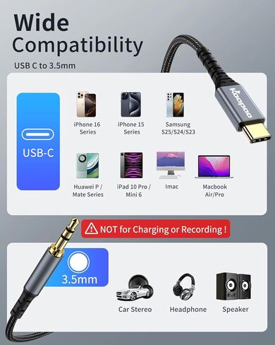 KOOPAO USB Type C to 3.5mm Audio Aux Cable [4ft], with DAC Decoding Protect Headphone Friendly Slim Plug USBC Aux Cord Compatible for iPhone 15 16 Pro Max Samsung Galaxy S25 S24 Car Stereo Grey in Kuwait