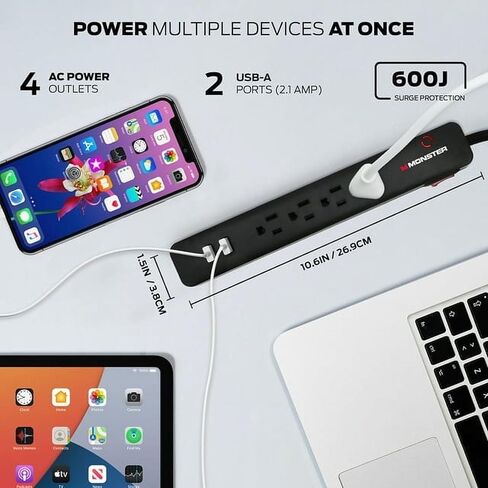 600J Surge Protector 4 Grounded Outlets & 2 USB Ports with a 6’ Nylon Braided Extension Cord in Saudi Arabia