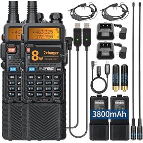 راديو هام BAOFENG UV-5R 8 وات طويل المدى ثنائي النطاق محمول عالي الطاقة 3800 مللي أمبير في الساعة قابل لإعادة الشحن وراديو ثنائي الاتجاه مع سماعة أذن، 2 حزمة