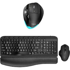 SABLUTE Wireless Keyboard and Mouse Combo and Wireless Trackball Mouse, Ergonomic Wave Keys, Cushioned Plam Rest, Ergonomic Bluetooth Rechargeable Computer Mice, Cordless Set for Windows Mac